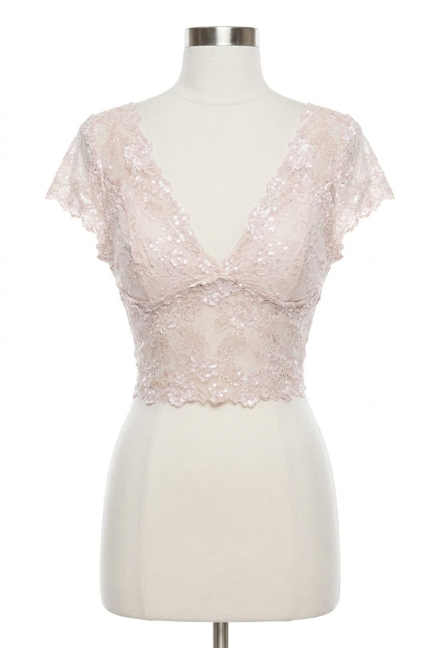 NEW PJ HARLOW grace lace hand beaded cami with sleeves in violet